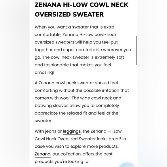 Zenana - Blue Hi-Low Cowl Oversized Sweater - Picture 6 of 7